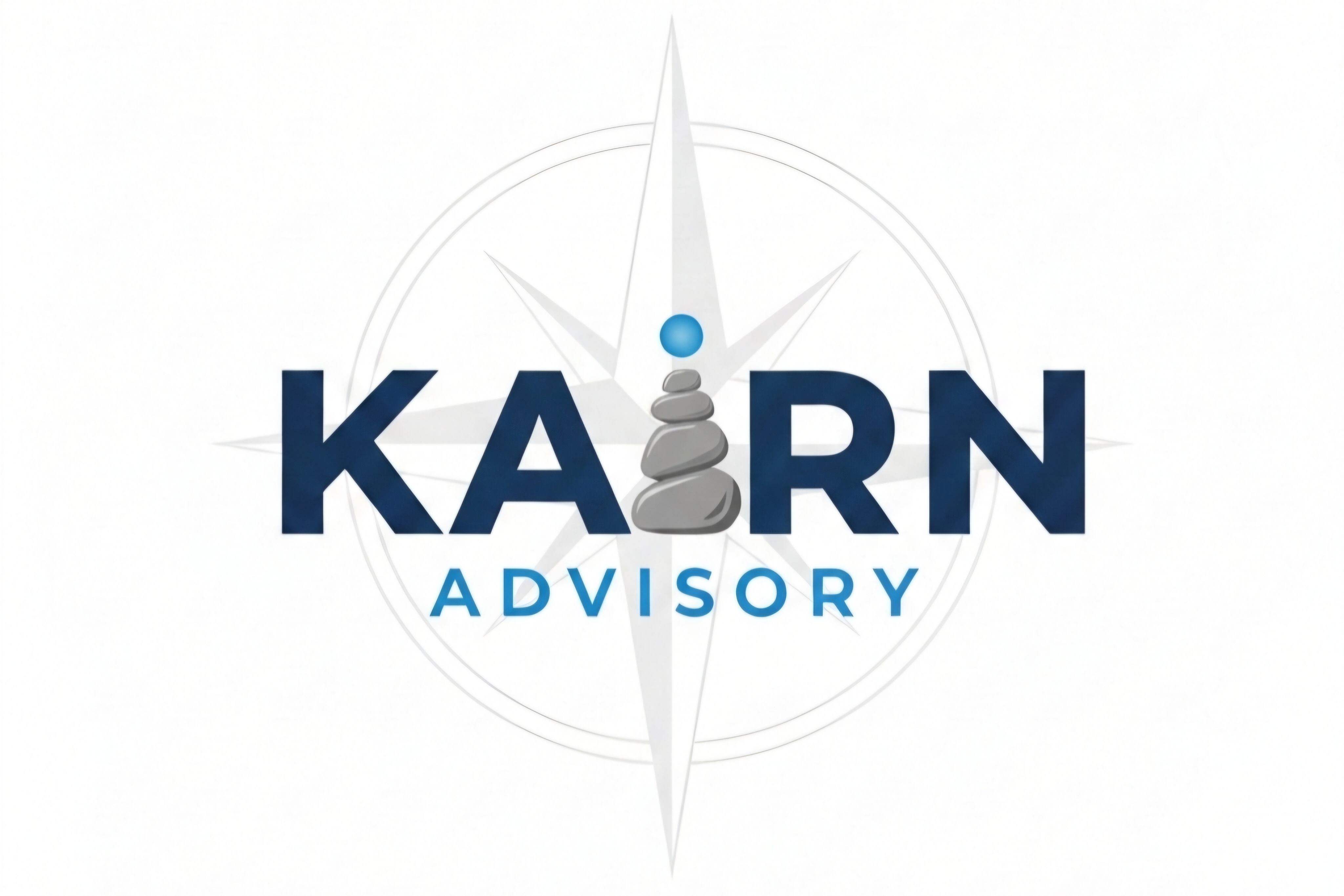 The image is a logo for "KARN ADVISORY" with a compass and stacked stones design.