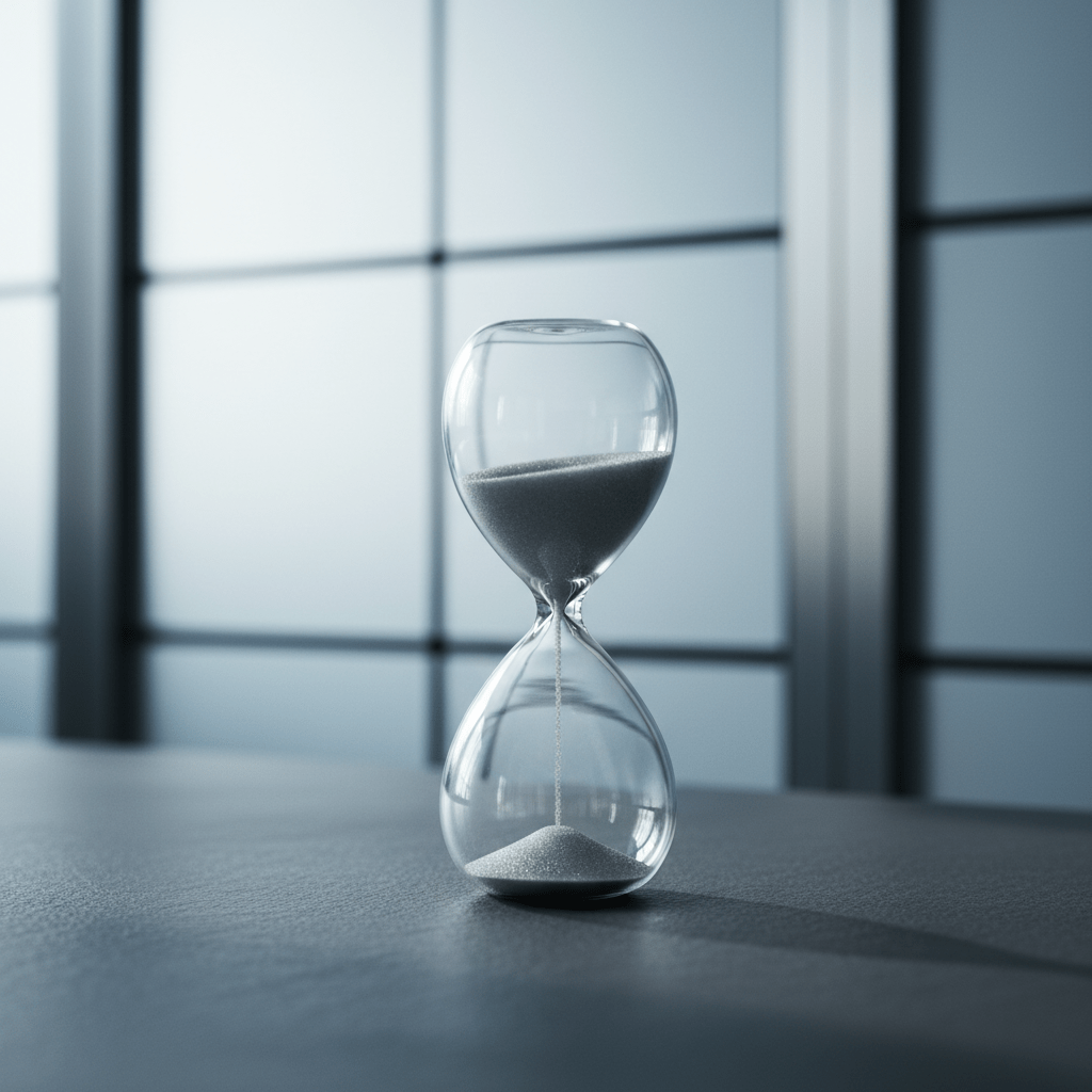 A close-up of a minimalist glass hourglass with fine silver sand halfway through its cycle, standing atop a matte charcoal executive table. Behind, a blurred background features a grid of frosted glass panels and brushed aluminum dividers, subtly suggesting a high-tech office environment. Cool, airy daylight floods the scene, lending soft highlights to the glass and sand while casting gentle linear shadows. The atmosphere is composed, strategic, and forward-thinking, captured from a slightly elevated angle with narrow depth of field to highlight the hourglass’s details. Photographic realism with neutral tones and clean lines reinforces the precise, time-sensitive nature of innovation advisory.