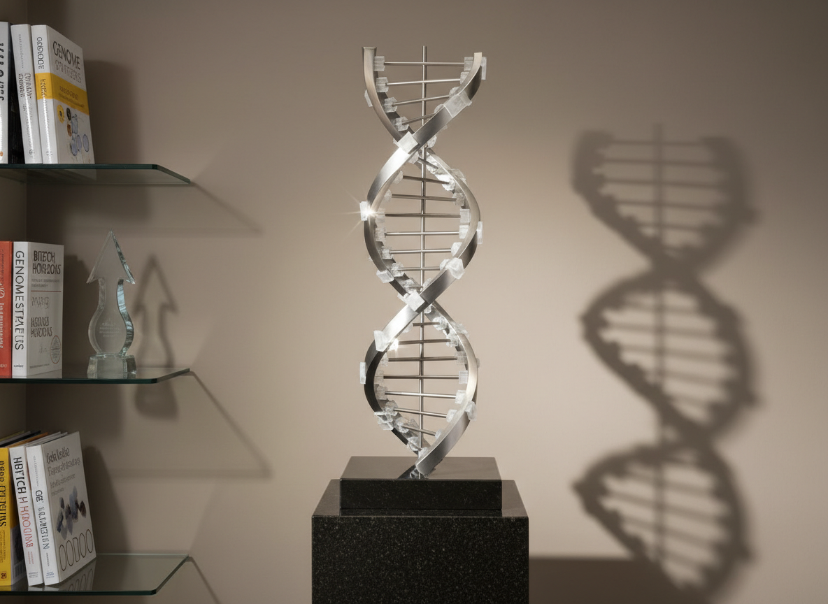 A modern, angular model of a DNA double helix constructed from metallic silver rods and frosted acrylic connectors, mounted on a polished stone pedestal. The sculpture stands before a muted taupe feature wall, with nearby glass shelving displaying scientific journals and a single, abstract glass award. Soft directional studio lighting illuminates the helix, producing luminous reflections and long, evenly graded shadows against the wall. The tone is visionary and sophisticated, with a structured, eye-level composition focusing on the intersection between science, strategy, and growth. The clean, photographic style elevates the specialized expertise in medtech and biotech consulting.