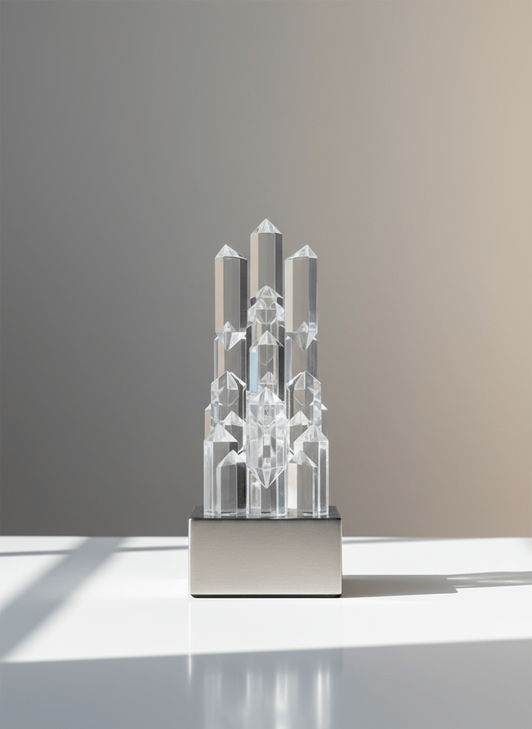 A meticulous arrangement of interlocking clear acrylic geometric blocks rising from a brushed steel base on a sleek white desktop. The transparent surfaces and sharp edges echo innovation, accented by neutral gray and soft beige backgrounds. Subtle diffused daylight streams across the workspace, creating precise highlights and gentle, clean-edged shadows that emphasize the forms. The visual mood is calm, orderly, and intellectually stimulating. The composition is centered with a balanced, symmetrical layout and crisp focus throughout, capturing the clarity and professionalism at the core of modern consulting. The photographic realism and clean design directly reflect the advisory expertise and structured approach of the site.