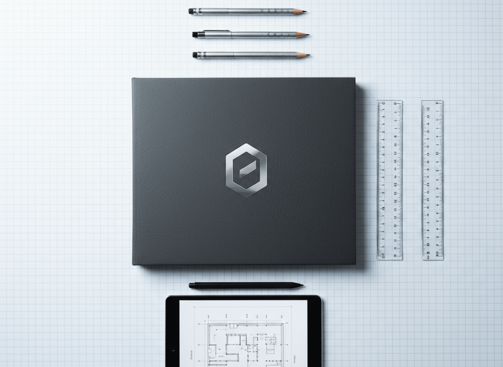 A visually striking portfolio folder made from textured graphite gray material with a seamless embedded silver logo, resting on a precise grid of white architectural drafting paper. Organizational accessories—such as translucent rulers, precision mechanical pencils, and a slim digital tablet—are positioned with intentional spacing nearby. Cool, even daylight provides crisp highlights with minimal shadow, contributing to a highly ordered, analytical mood. The top-down, bird’s-eye composition emphasizes structure, balance, and attention to detail, with all elements rendered in sharp, photographic realism. This image underscores the consulting firm's dedication to strategic planning and execution.